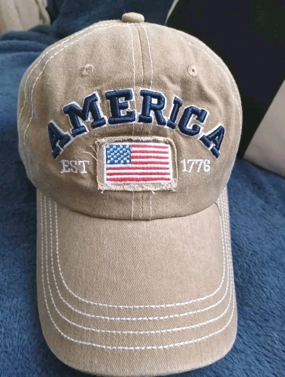 Khaki Baseball Cap with 'AMERICA' & Flag Embroidery